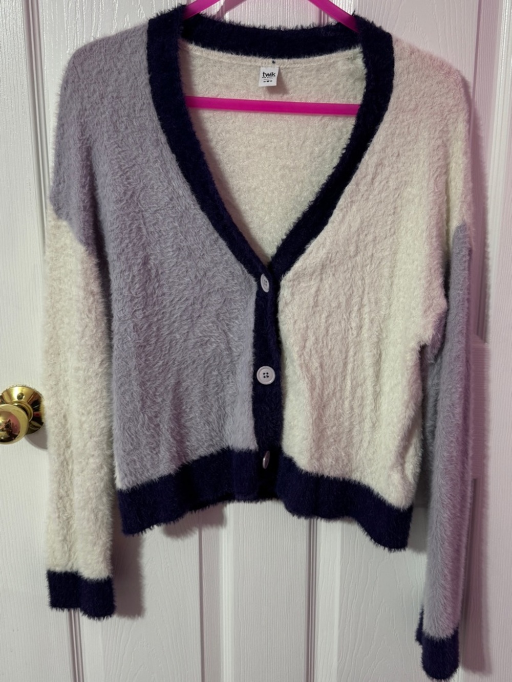 twik Two-Tone Fuzzy V-Neck Cardigan - White & Light Purple